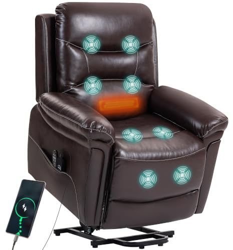 HOMCOM Power Lift Recliner Chair, Massage and Heat, PU Leather, Brown | Vibration Massage, USB Port, Side Pockets, Spring Cushion, Remotes, Living Room