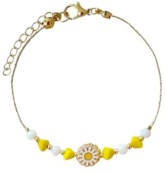Tatra Jewellery Gold Plated Handmade Elegant Daisy Charm Bracelet with Red and White Beads (Yellow)