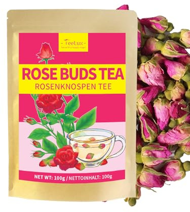 TeeLux Getrocknete Rosenknospen Essbare 100g, Vegan, Ganze Rosen Tee, Natürliche Duftende Rosenblüten, Rose in Lebensmittelqualität zum Backen, Trinken, Koffeinfreier Kräutertee Lose
