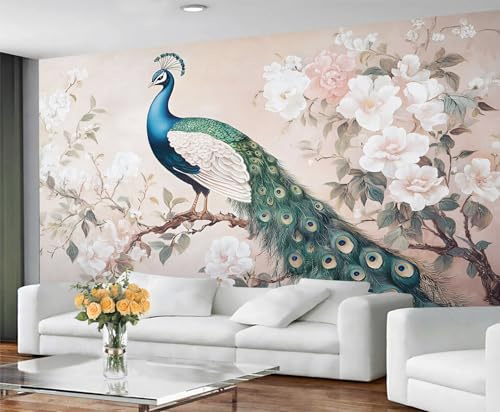 GIVLWF Wallpaper Peacock Wall Mural & Room Decor, Vintage Floral Bedroom Wallpaper, Pastel Wall Paper for Living Room, Non-Self-Adhesive, Murals for Walls