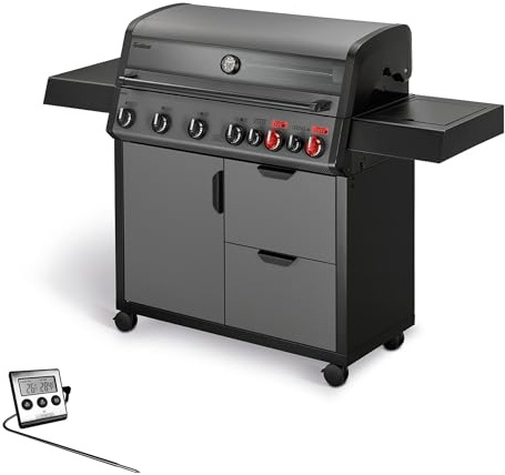 Enders® Gasgrill Hyde 6 SIKR Turbo II XXL, 6-Brenner Edelstahl, direktes & indirektes Grillen, 800 °C TURBO ZONE, SWITCH GRID Gussrost, Infrarot-Backburner, Seitenkocher, inkl. Fleischthermometer