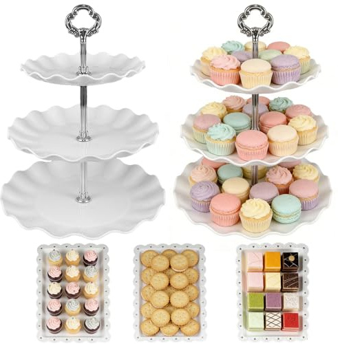 ZBXSNK 5 Pcs Cake Stands Set with 2x Large 3 Tier Cupcake Stand and 3x Appetizer Trays, Silver Afternoon Tea Stands, Round Tiered Cake Stand for Birthday, Wedding, Graduation, Party