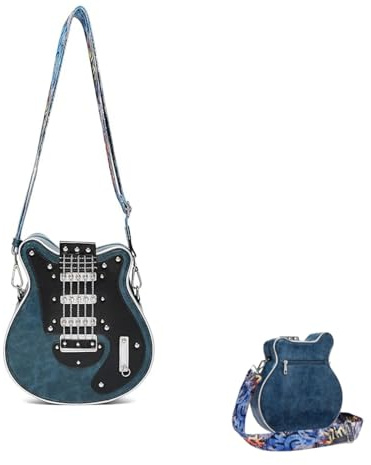 Kuisoe Damen Umhängetasche Crossbody, PU-Leder Tasche mit kreativer Gitarrenform, lässige Umhängetasche mit verstellbarem Schultergurt und Reißverschluss, ideal für Musikliebhaber (27x9x30 CM,Blau)