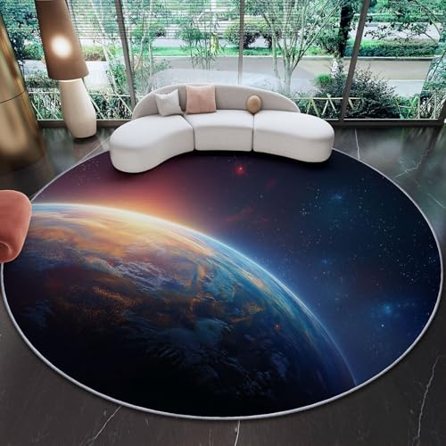 Runder Teppich 180 cm Weltraum Planeten Sterne Mikrofaser Wohnzimmerteppich, Waschbar rutschfest Flanell Kreisteppich, Weicher Bodenteppich Für Schlafzimmer Kinderzimmer - Lila