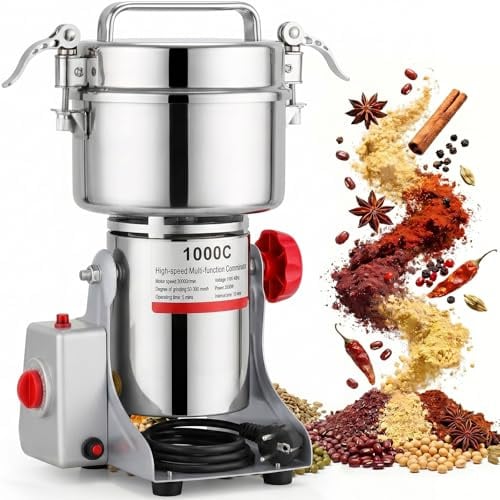 Tragbare Getreidemühle 220 V, 800g Elektrische Getreidemühle, Superfein Edelstahl Mühle, Hochgeschwindigkeits-Gewürzmühle mit 3000 W, für Trockene Körner, Gewürze, Müsli, Kaffee, Kräuter, Pfeffer