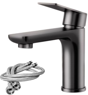 Basin Mixer Tap, Gunmetal Gray | Stainless Steel, Single Lever Hot & Cold Water, UK Standard Hose, Bathroom & Kitchen Use