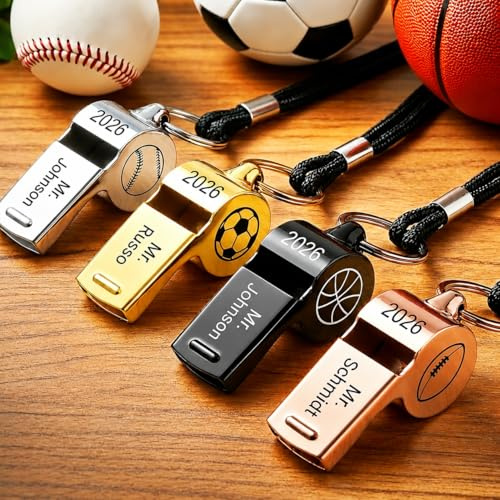 Personalisierte Trillerpfeife mit Gravur aus Edelstahl, Schiedsrichterpfeife mit Name & Jahr, Lautstarke Pfeife mit Lanyard für Fußball, Basketball & Baseball, Geschenk für Coach, Lehrer, Trainer