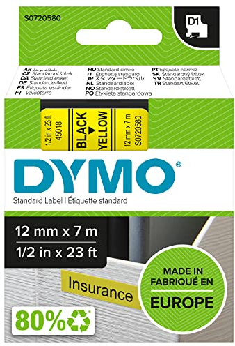 DYMO Original D1-Etikettenband | schwarz auf gelb | 12 mm x 7 m | selbstklebendes Schriftband | für LabelManager-Beschriftungsgerät
