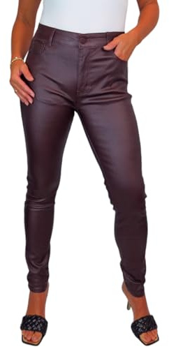 Women's High Waist Leather Look Jeans Ladies Skinny Coated Trousers | Very Stretchy Coated Trouser, Jeans Style, Ladies Faux Leather Pants with Pockets