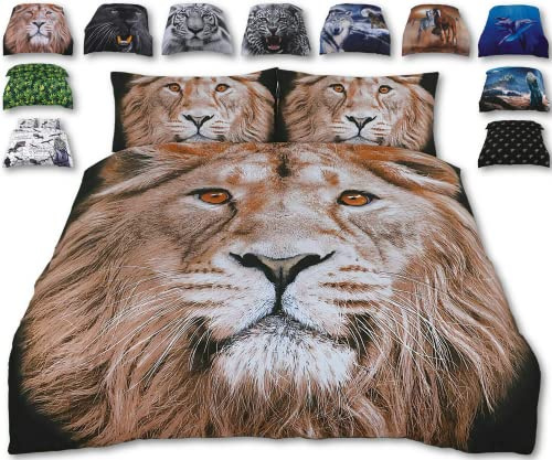 King of The Jungle Wild Male Lion Bed Set – 3D Animal Printed KING Beddings Duvet Cover + 2 Matching Pillowcases - Premium Quality Print Design – Natural Cotton + Virgin Polyester (Lion, King)