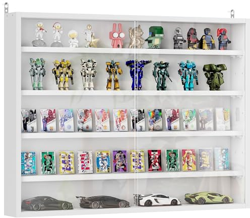 HOMCOM 5-Tier Display Cabinet, Glass Door Cabinet with Adjustable Shelves, Wall-Mounted Display Case for Playroom, Bedroom, White