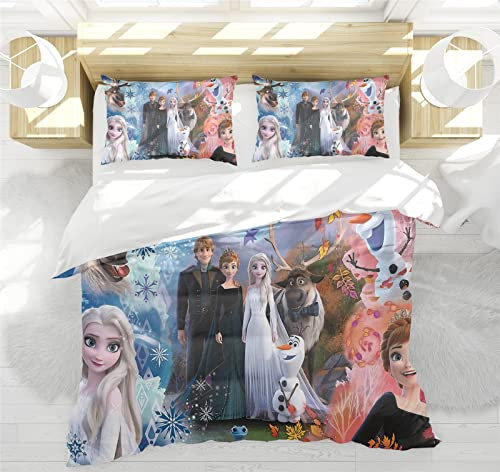 Bfrdollf Anime Bettwäsche-Set 135x200 Kinder Eiskönigin ELSA Anna Und Olaf, Hellblau,100% Baumwolle, Mit Leichtläufigem Reißverschluss (9,135 X 200 cm)