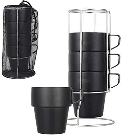 Tumnea Juego de Tazas de café, 304 Tazas de Acero Inoxidable, Juego de Tazas de café apilables con Soporte, Tazas Negras con Doble Aislamiento para café, té, Camping, Picnic al Aire Libre, 4 Piezas