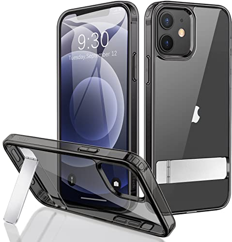 JETech Hülle Kompatibel mit iPhone 12/12 Pro 6,1 Zoll mit Ständer, Unterstützung Kabelloses Laden, Dünne Stoßfeste Stoßstange Handyhülle, 3-Wege-Metallständer (Schwarz)