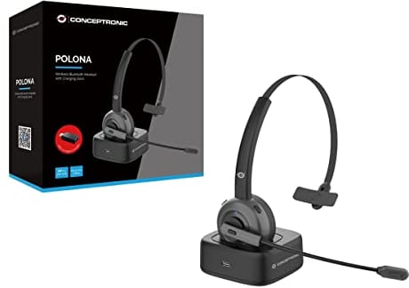 Conceptronic POLONA03BD Wireless Bluetooth Headset With Charging Dock, CVC Noise Cancellation