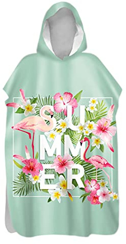 Hiseng Badeponcho für Kinder Erwachsene, Flamingo Drucken Bademantel Weich Badetuch Mikrofaser Schnelltrocknend Surf Poncho Schwimmen Strand Poncho mit Kapuze (Sommer,80x145cm)