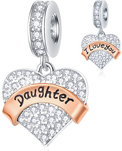 Tochter Ich liebe dich Herz Anhänger Charms, passt Pandora Muttertag Armband, 925 Sterling Silber Pave Sparke CZ Enkeltochter Perlen, Geschenk für Daughter in Law/Granddaughter