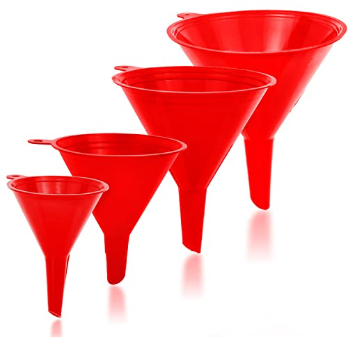 Liqvee Embudo rojo en 4 tamaños diferentes (122, 101, 76 y 50 mm), plástico duradero y no tóxico de grado alimenticio, ideal para cocina, garaje y laboratorios