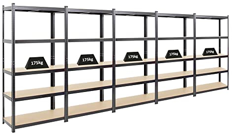 PROREGAL Mega Deal 5X Schwerlastregal Ragnar 180x90x40 cm mit Fachlast 175kg Schwarz Garagenregal Kellerregal Werkstattregal Lagerregal Steckregal