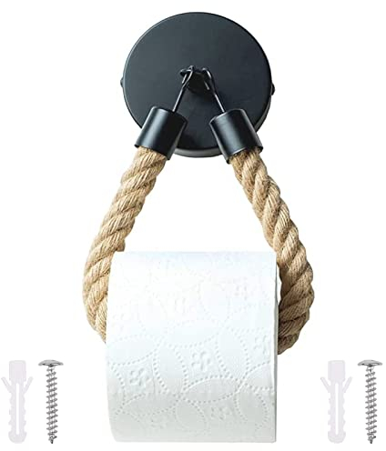 Amfrpar Porte Papier Toilette WC Corde Support en Bois Vintage Derouleur Porte Rouleau Papier Toilette Murale Corde de Chanvre Adhésif pour Salle de Bain et Cuisine (Noir)