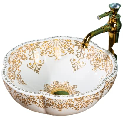 jdzjybqx Lavabo de salle de bain, blanc et doré, en céramique de plan de travail, pour salle de bain et ferme, diamètre : 41 cm