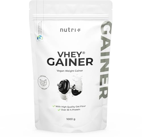 Nutri + Weight Gainer Vegan 1 kg Banane Toffee - Vhey Gainer Mass für Muskelaufbau und zum Zunehmen - Banane Karamell 1000 g ohne Zuckerzusatz