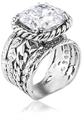 Ring aus 925er-Sterlingsilber mit kubischem Zirkonia, mehrfach strukturiert, Vintage-Look, stilvoll, hypoallergen, nickel- und bleifrei, handgefertigte Designer-Kollektion, Israel (Größe 5–11)
