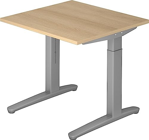 bümö manuell höhenverstellbarer Schreibtisch 80x80 in Eiche, Gestell in Silber - PC Tisch höhenverstellbar & klein, höhenverstellbarer Tisch Büro, Kleiner Computertisch verstellbar