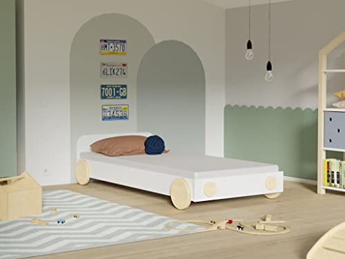 Benlemi Kinder-Einzelbett in Form eines Autos Mit Einer Stirn MODULAR 90x200 cm Weiß Betten mit Lattenrost/Rollrost aus Massivholz für Kinder- und Jugendzimmer Spielbett