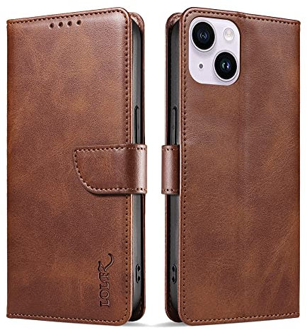 LOLFZ Wallet Case for iPhone 14, Vintage Leather Book Case with Card Holder Kickstand Magnetic Closure Flip Case Cover for iPhone 14 - Coffee Brown