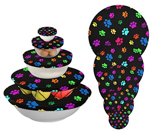 5 Pieces Reusable Bowl Covers, Colorful Animal Dog Paw Print 5 Size Stretch Cloth Fabric Food Storage Covers for Food Fruits Leftover, Dish Covers Elastic Lids for Kitchen Fridge Picnic