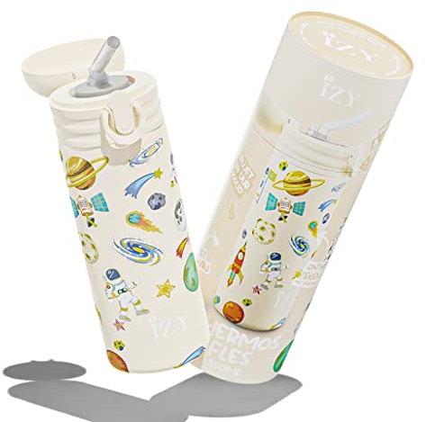 IZY Trinkflasche Kinder - Wasserflasche für Kinder 350ml - Doppelwandige Wasserflasche für die Schule - Trinkflasche mit Strohhalm (Gelb Space)