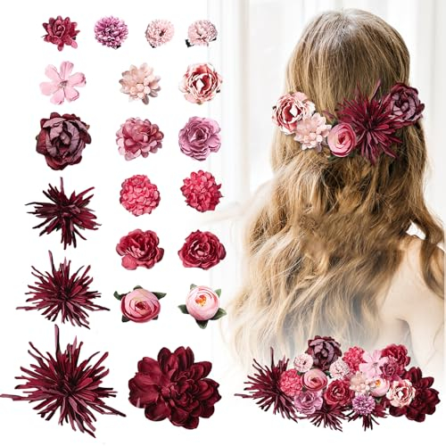 21 Stück Blumen Haarspangen Bohemian Haarclip Mehrfarbig Rosen Haarnadeln Haarschmuck für Strandparty, Braut, Hochzeit, Event Dekoration (Rot)