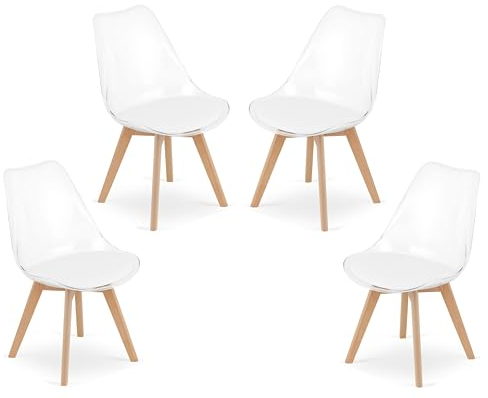 VBChome Stuhl 4er Set Transparent Esszimmerstühle mit Kunstlederkissen Küchenstuhl Wohnzimmerstuhl Stuhl mit Rückenlehne Gestell aus Buchenholz Stuhl aus Polypropylen Transparent