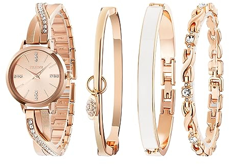 TIME100 Uhr Damen Analog Set Elegant Kette und Reif Dress Watch Verstärkt Kristallglas Minimalistisch Diamant Ziffer Ideal Accessoir (Roségold)