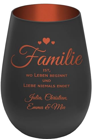 Windlicht mit Gravur Familie - personalisierbar mit Namen - Außen Schwarz/Innen Bronze - Höhe 12 cm - Teelichthalter Kerzenhalter Vornamen Familienmitglieder