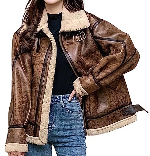 Damen Jacke im Used-Look, braun, Fliegerjacke, echtes Schaffell, Sherpa, Lammfell, Kunstfell, gefüttert, Winter, warm, Flugpiloten-Lederjacke, Braun, Used-Optik, 3XL