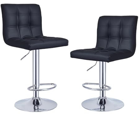 Lot de 2 Tabourets de Bar, Chaises Haut, Hauteur Réglable, Revêtement en PU, Rotatif sur 360°, avec Dossier et Repose-Pieds, Pied Chromé (Noir)