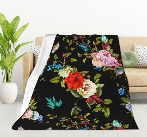 HGOD DESIGNS Wild Flowers Blanket Smooth Soft Peony Roses Nightingale Cornflower Print Throw Blanket for Sofa Chair Bed Office 100x130cm