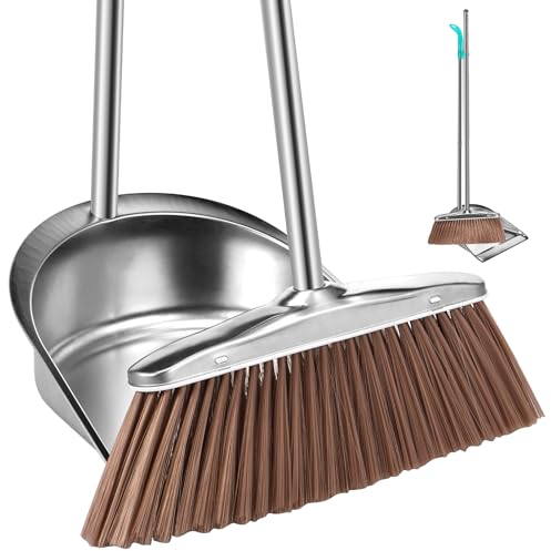 Recogedor Metalico Trae una Escoba, Recogedor Galvanizado con Mango, Recogedor Galvanizado con Palo, Recogedor Vertical De Mango Largo Bandeja, Healeved Recogedor De Acero Inoxidable(Redondo)