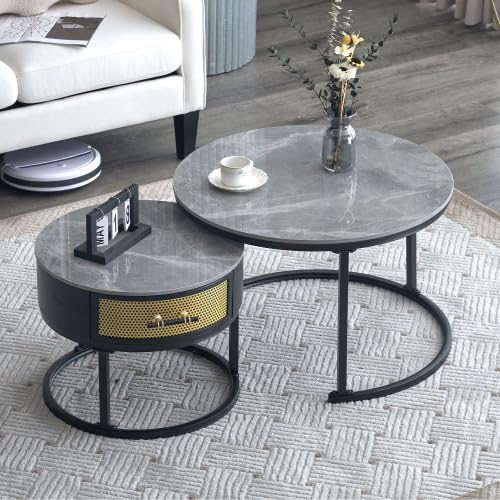 SogesHome Satztische Set 2er Elegantes zweiteiliges Couchtisch Set Stapel Kaffeetisch Beistelltisch Sofatisch Platte aus grauem Marmorplatte & Schubladen aus Massivholz, Grau und Schwarz