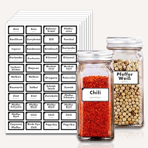 Gewürzetiketten Selbstklebend 308 Stück Gewürze Aufkleber Gewürzgläsern Etiketten Küchenetiketten enthaltet bedruckte Sticker + viele blanko Kleber (Deutsch)