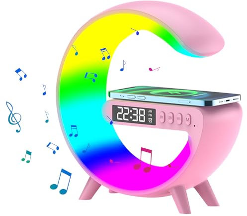 Wireless Charger Lamp,G Shape Lamp Phone Charger,LED Wireless Table Speaker Charger Light,Wireless Charging Light Up Speaker,RGB Color Changing Ambient Light Alarm Clock Smart Mood Light Bedside Lamp