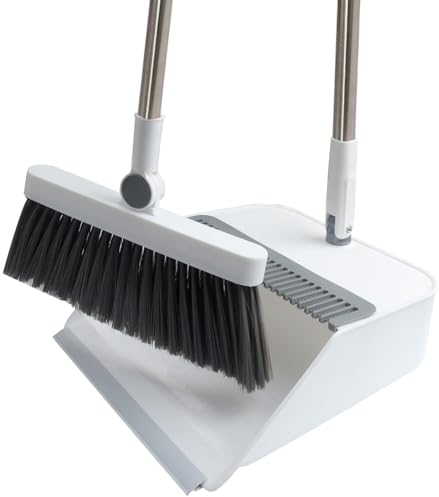 Roellgs Broom Dustpan Set with Comb Teeth Windproof Long Handle Broom Set Dustpan Set Home Office Cleaning Broom (white)