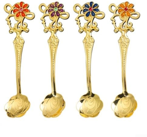 4Pcs Retro Style Metal Cutlery Fruit Fork Tea Coffee Stirring Spoon Flower Shape(B Spoon Set)