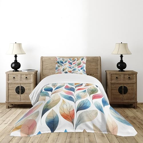 ABAKUHAUS Farbenfroh Tagesdecke Set, Traumhafte Herbstblätter Boho, Gestepptes 2-teiliges Bettdecken-Set mit 1 Kissenbezug, für Einselbetten 170 x 220 cm, Weiß Meerblau Hell Rubine