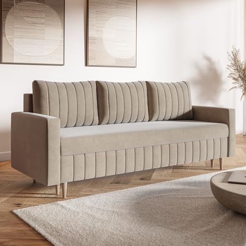 MOTIVENA Leo Sofagarnituren, 3 Sitzer Sofa mit Bettfunktion, Schlafsofa 215 cm Breit, Klappsofa mit Schlaffunktion, Bettsofa mit Schlaffunktion, Taschenfederkern (H3), Samt Sofa Beige