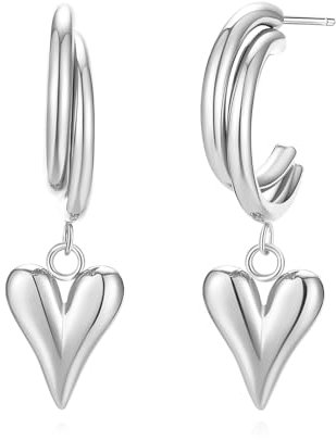 Myrnaist Creolen aus Herz für Damen und Mädchen, hypoallergene, Halbcreolen mit Herzanhänger Schmuck für Geburtstagsparty-Geschenk (Silber)