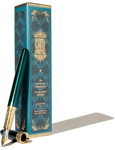 Ferris Wheel Press , Joule Fountain Pen, Engravers Teal, Double Gold Plated, Sapphire Lacquer Finish, Two-Tone Steel Nib, Leather Sleeve, Fine