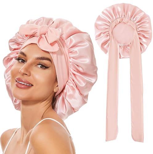 Catelves Seidenhaube zum Schlafen Lange Haare, Silk Bonnet Weiche und Bequeme, Bonnet Seide, Hair Bonnet, Schlafhaube Seide für Verstellbares Breites Band zur Befestigung am Kopf(Hellrosa)